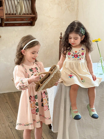 Young Girl Floral Printed Fitted Round Neck Casual Dress