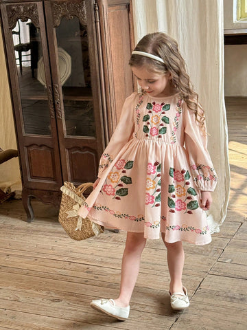 Young Girl Floral Printed Fitted Round Neck Casual Dress