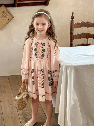 Young Girl Floral Printed Fitted Round Neck Casual Dress