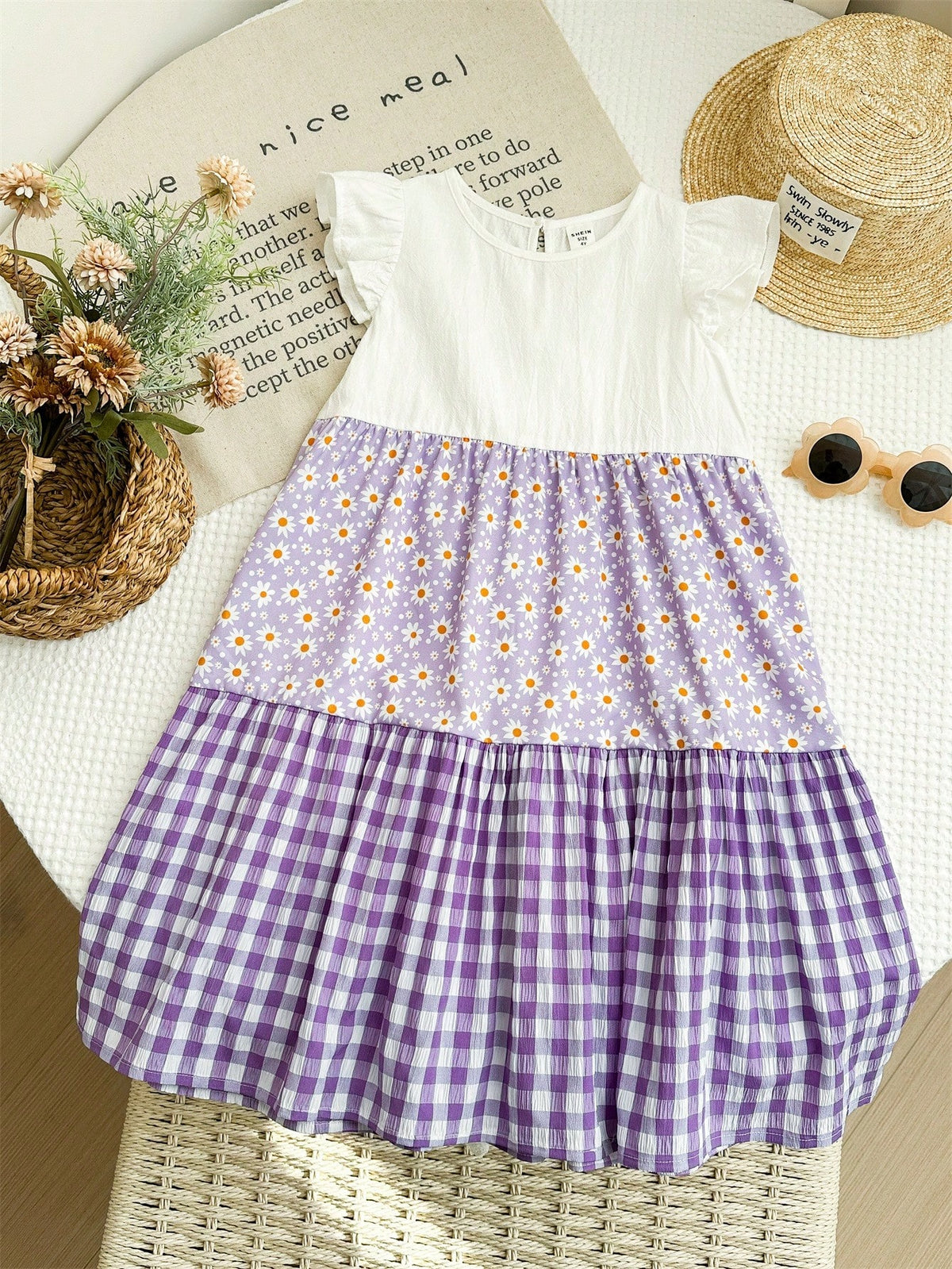 Young Girl Knit Color Block Floral Puff Sleeve Fitted Dress