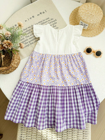 Young Girl Knit Color Block Floral Puff Sleeve Fitted Dress
