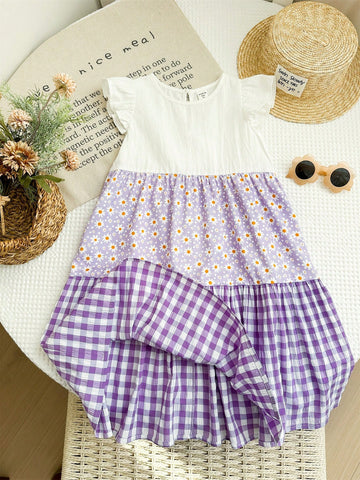 Young Girl Knit Color Block Floral Puff Sleeve Fitted Dress