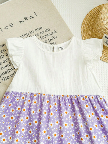 Young Girl Knit Color Block Floral Puff Sleeve Fitted Dress