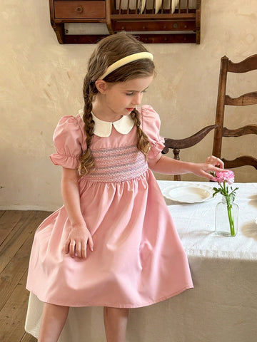 Young Girl Smocked Collared Snug Fit Casual Dress,Suitable For Spring And Summer