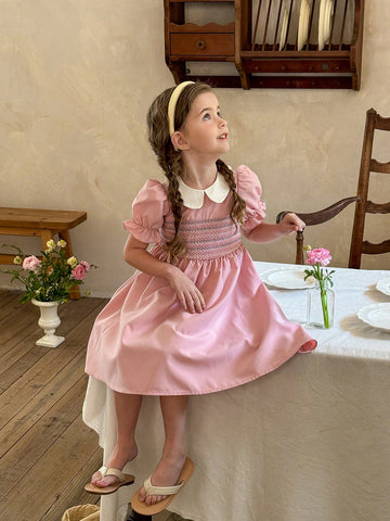 Young Girl Smocked Collared Snug Fit Casual Dress,Suitable For Spring And Summer