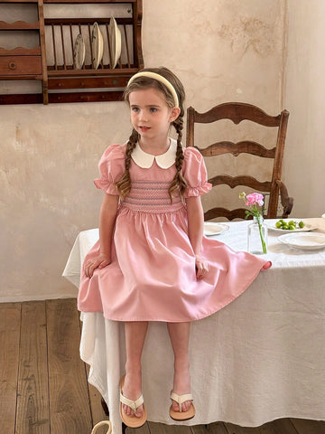 Young Girl Smocked Collared Snug Fit Casual Dress,Suitable For Spring And Summer