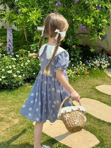 Young Girl Woven Floral Patchwork Peter Pan Collar Puff Sleeve Fitted Dress