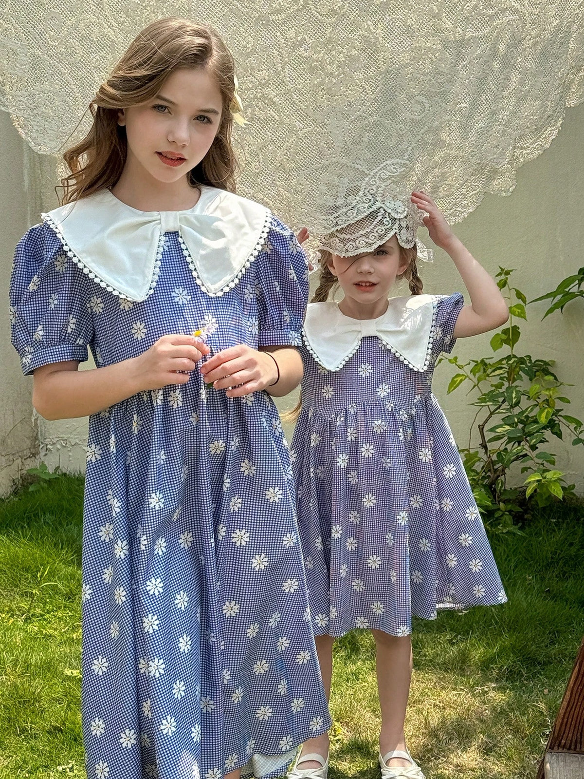 Young Girl Woven Floral Patchwork Peter Pan Collar Puff Sleeve Fitted Dress