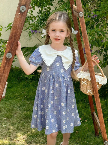 Young Girl Woven Floral Patchwork Peter Pan Collar Puff Sleeve Fitted Dress