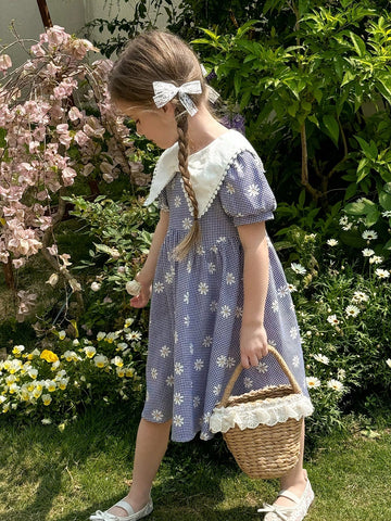 Young Girl Woven Floral Patchwork Peter Pan Collar Puff Sleeve Fitted Dress