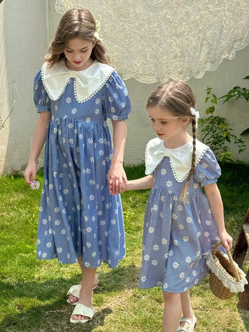 Young Girl Woven Floral Patchwork Peter Pan Collar Puff Sleeve Fitted Dress