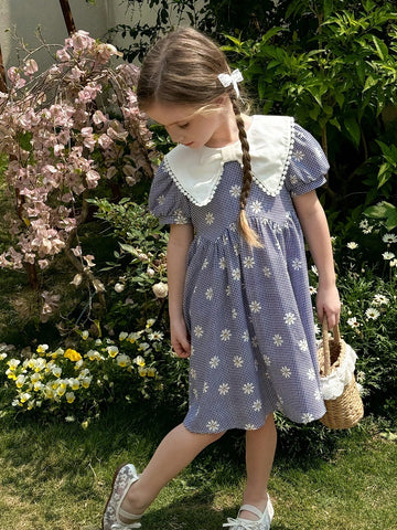 Young Girl Woven Floral Patchwork Peter Pan Collar Puff Sleeve Fitted Dress