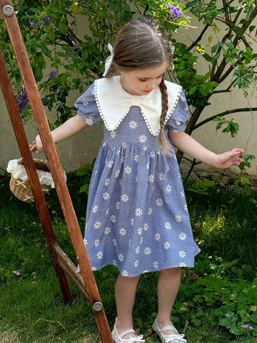 Young Girl Woven Floral Patchwork Peter Pan Collar Puff Sleeve Fitted Dress