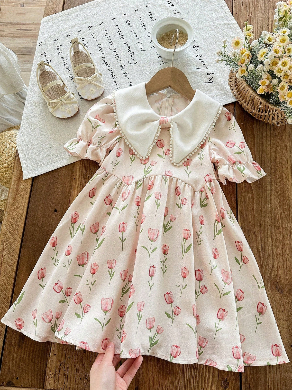 Young Girl Woven Floral Patchwork Ruffle Collar Puff Sleeve Fitted Dress