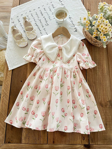 Young Girl Woven Floral Patchwork Ruffle Collar Puff Sleeve Fitted Dress
