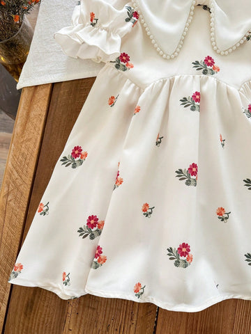 Young Girl Woven Floral Patchwork Ruffle Collar Puff Sleeve Fitted Dress