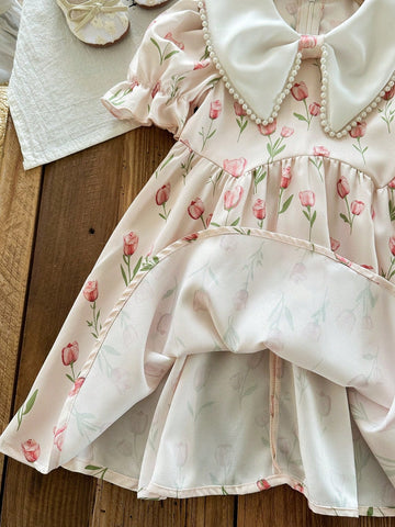 Young Girl Woven Floral Patchwork Ruffle Collar Puff Sleeve Fitted Dress