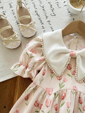 Young Girl Woven Floral Patchwork Ruffle Collar Puff Sleeve Fitted Dress