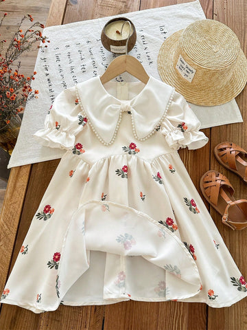Young Girl Woven Floral Patchwork Ruffle Collar Puff Sleeve Fitted Dress
