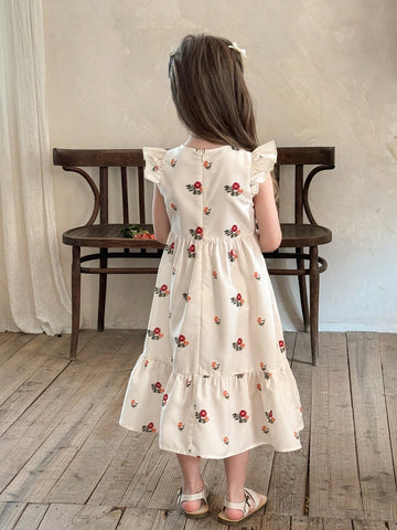 Young Girl Woven Floral Ruffle Trim Snug Fit Casual Dress