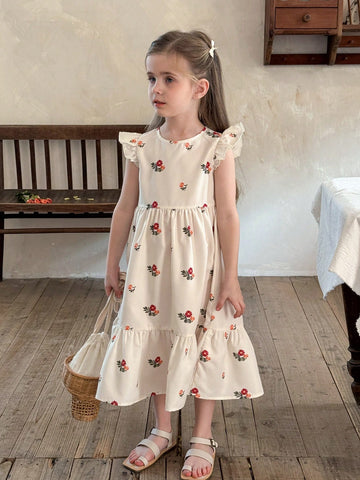 Young Girl Woven Floral Ruffle Trim Snug Fit Casual Dress