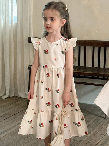 Young Girl Woven Floral Ruffle Trim Snug Fit Casual Dress