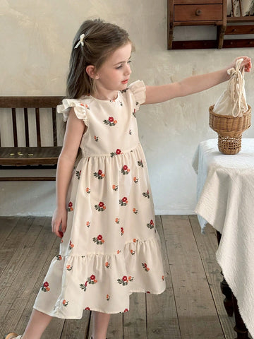 Young Girl Woven Floral Ruffle Trim Snug Fit Casual Dress