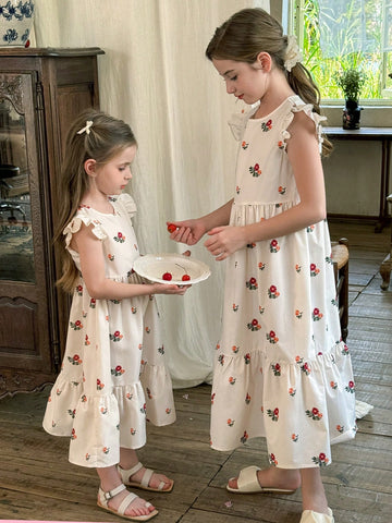 Young Girl Woven Floral Ruffle Trim Snug Fit Casual Dress