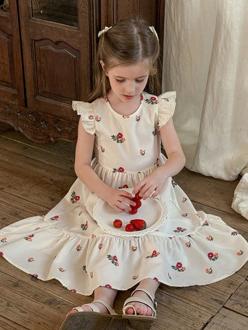 Young Girl Woven Floral Ruffle Trim Snug Fit Casual Dress