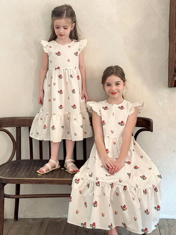 Young Girl Woven Floral Ruffle Trim Snug Fit Casual Dress