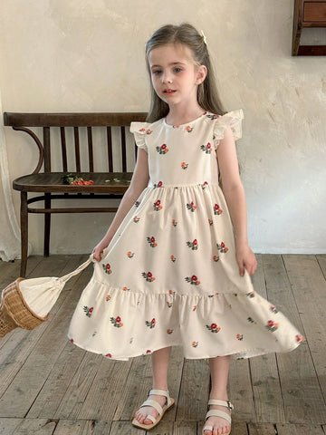 Young Girl Woven Floral Ruffle Trim Snug Fit Casual Dress
