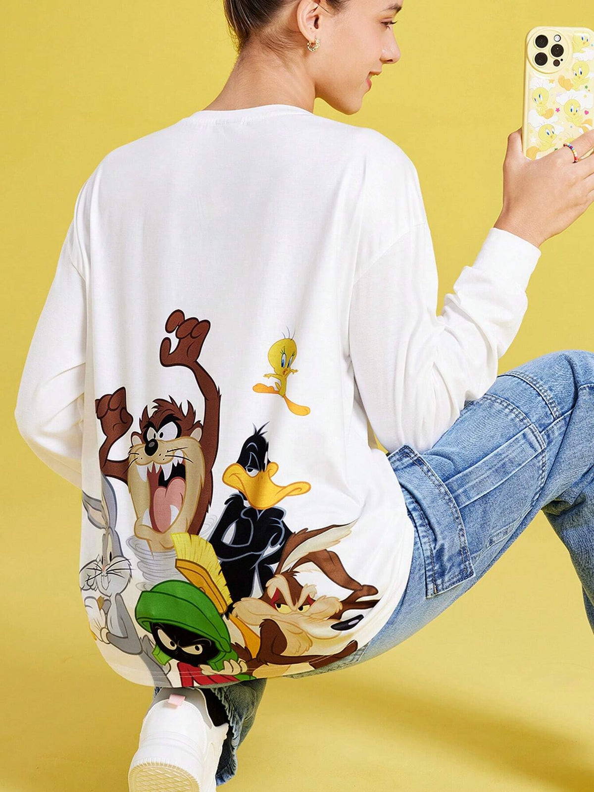 Women Casual Cute Cartoon & Letter Print Drop Shoulder Loose White Long Sleeve T-