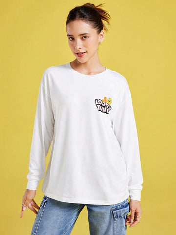 Women Casual Cute Cartoon & Letter Print Drop Shoulder Loose White Long Sleeve T-