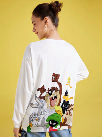 Women Casual Cute Cartoon & Letter Print Drop Shoulder Loose White Long Sleeve T-