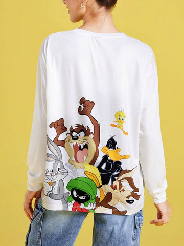 Women Casual Cute Cartoon & Letter Print Drop Shoulder Loose White Long Sleeve T-