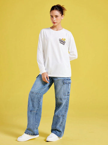 Women Casual Cute Cartoon & Letter Print Drop Shoulder Loose White Long Sleeve T-