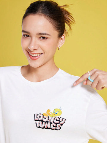 Women Casual Cute Cartoon & Letter Print Drop Shoulder Loose White Long Sleeve T-