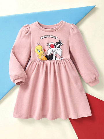 Young Girl Cartoon Cute Print Pink Sweet Casual Long Sleeve Dress