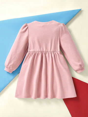 Young Girl Cartoon Cute Print Pink Sweet Casual Long Sleeve Dress