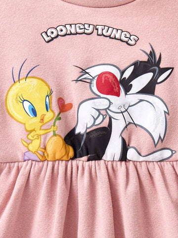 Young Girl Cartoon Cute Print Pink Sweet Casual Long Sleeve Dress