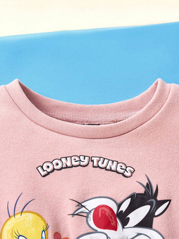 Young Girl Cartoon Cute Print Pink Sweet Casual Long Sleeve Dress