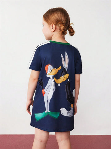Young Girl Casual Cartoon Printed School Style Tape Detail Dress, Summer