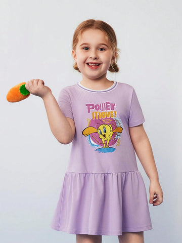 Young Girl Cute Cartoon Printed Round Neck Short Sleeve Dress, Purple Dreamy And Sweet With Ruffled Hem, Summer,Sporty