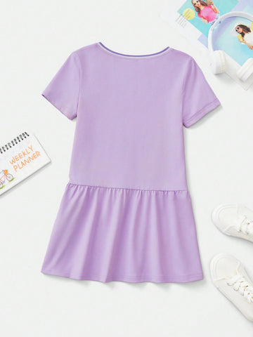 Young Girl Cute Cartoon Printed Round Neck Short Sleeve Dress, Purple Dreamy And Sweet With Ruffled Hem, Summer,Sporty