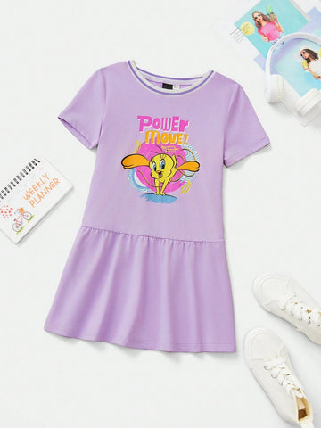 Young Girl Cute Cartoon Printed Round Neck Short Sleeve Dress, Purple Dreamy And Sweet With Ruffled Hem, Summer,Sporty