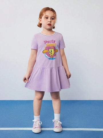 Young Girl Cute Cartoon Printed Round Neck Short Sleeve Dress, Purple Dreamy And Sweet With Ruffled Hem, Summer,Sporty