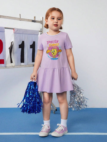 Young Girl Cute Cartoon Printed Round Neck Short Sleeve Dress, Purple Dreamy And Sweet With Ruffled Hem, Summer,Sporty