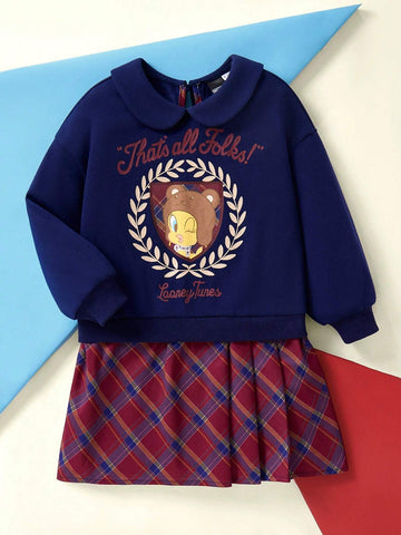 Young Girl Tweety Bird Graphic Navy Peter-Pan Collar Plaid Flare Hem 2 In 1 Dress