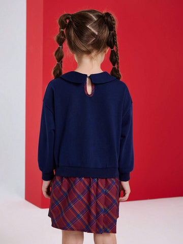 Young Girl Tweety Bird Graphic Navy Peter-Pan Collar Plaid Flare Hem 2 In 1 Dress