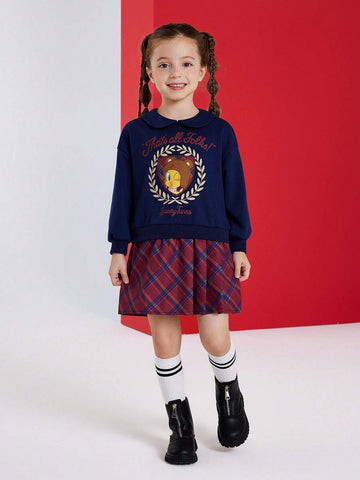 Young Girl Tweety Bird Graphic Navy Peter-Pan Collar Plaid Flare Hem 2 In 1 Dress